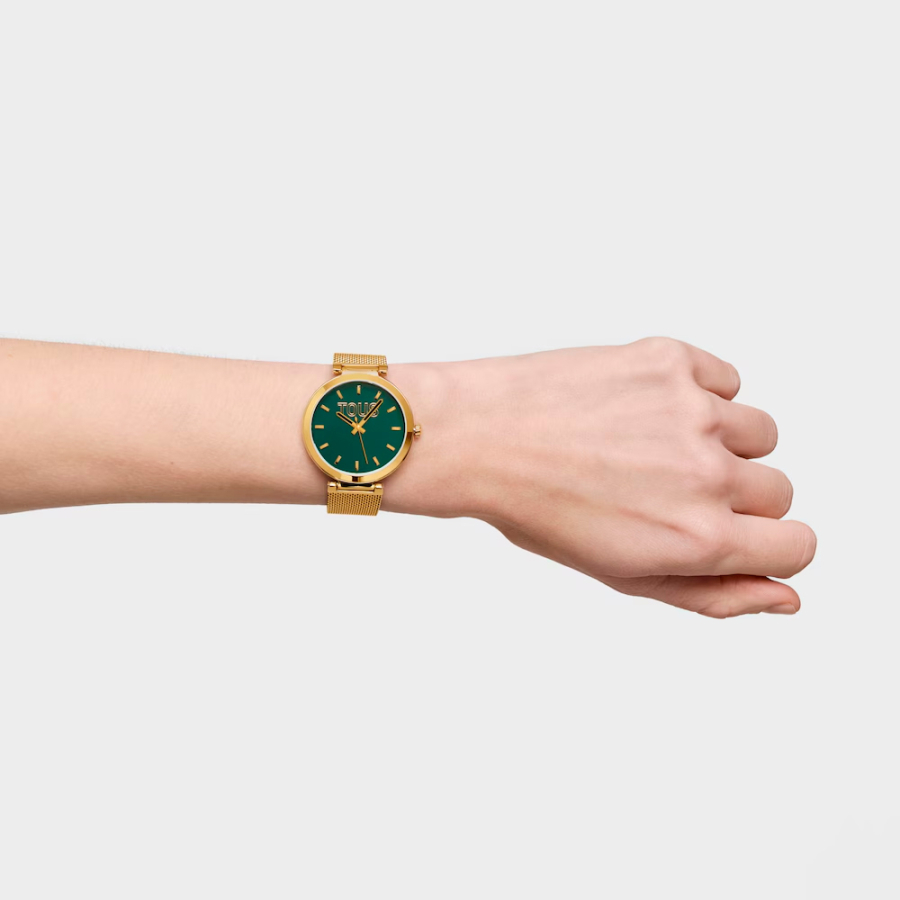 relogio-analogico-com-mostrador-verde-e-pulseira-espelhada-dourada-em-malha-s relogio-analogico-com-mostrador-verde-e-pulseira-espelhada-dourada-em-malha-s