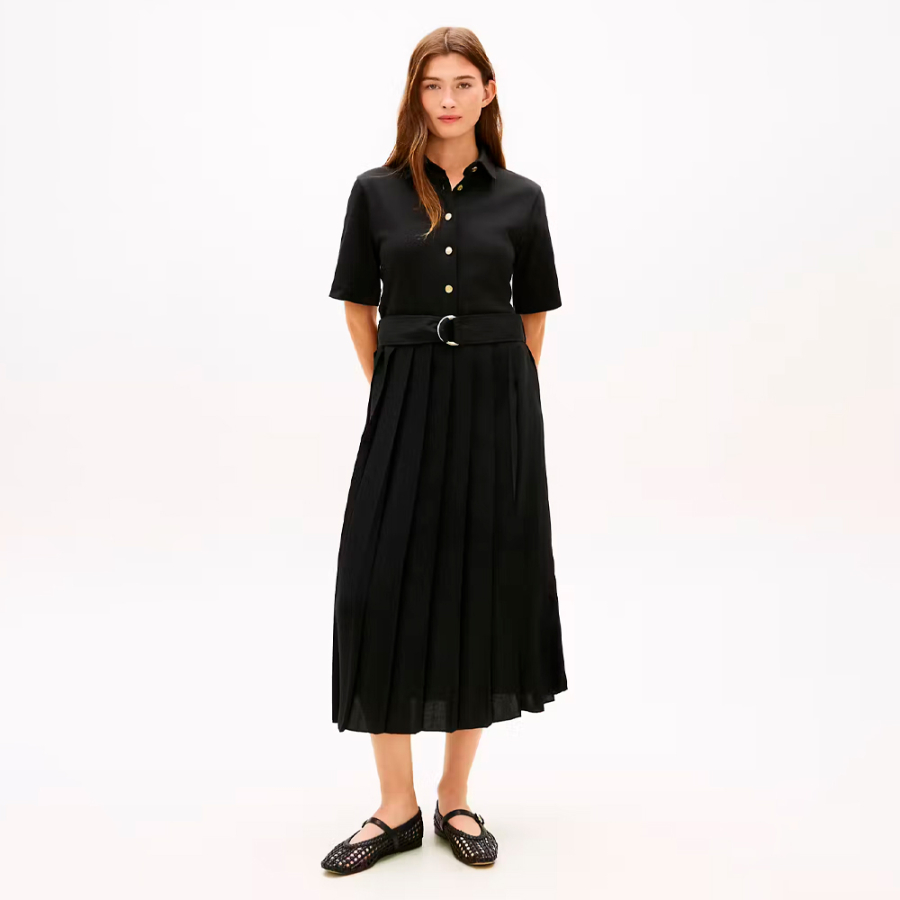 vestido-com-botoes-dourados-em-mistura-de-materiais